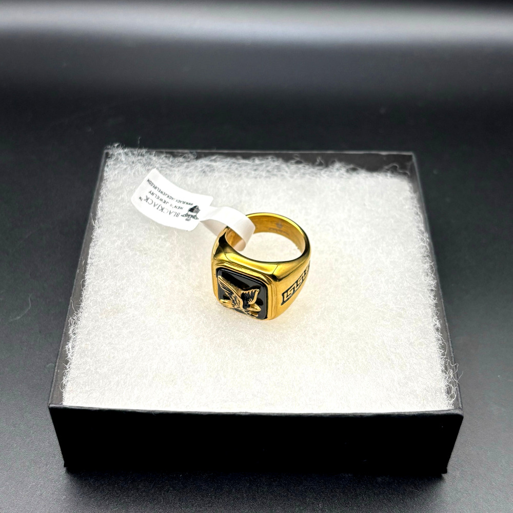 Blackjack BJZ03G Mens Onyx Eagle Ring 18K Gold Plated Stainless Steel NWT SZ#13 - Picture 2 of 16